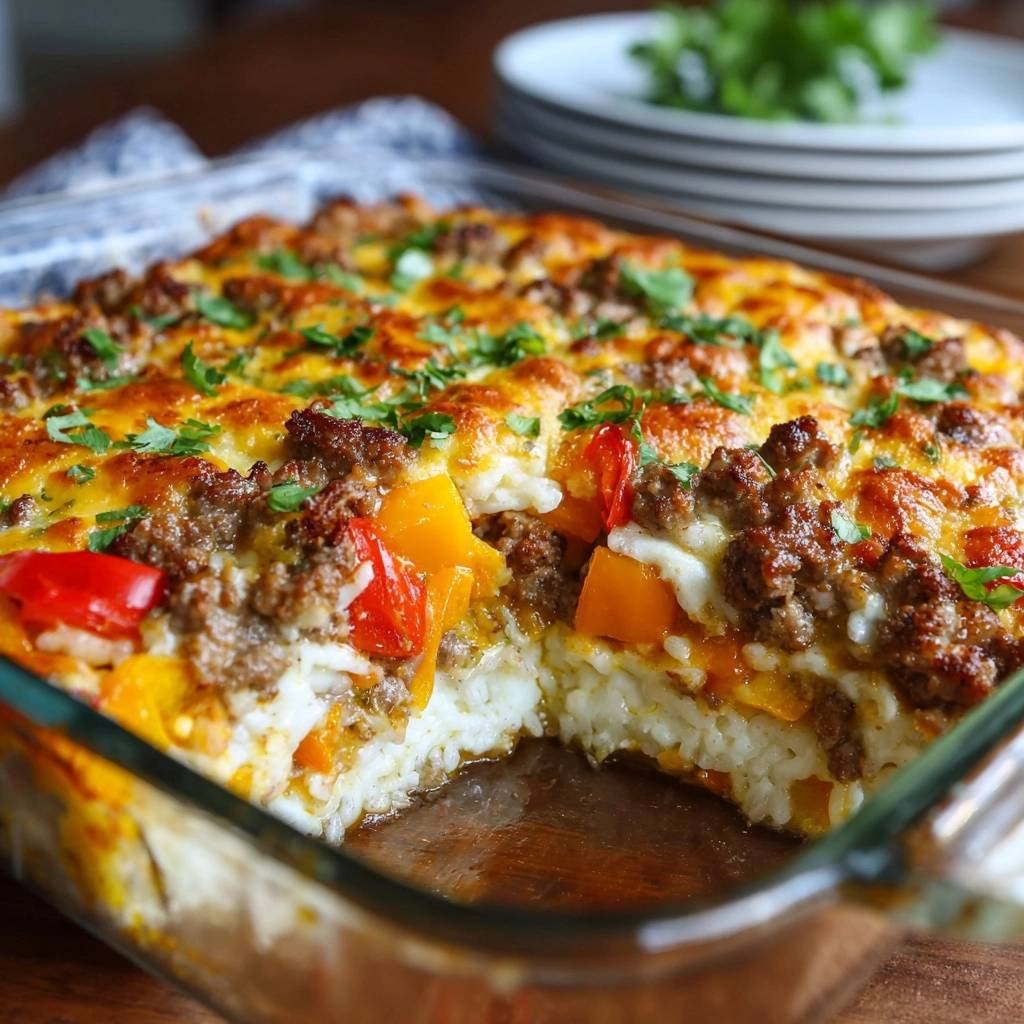 Paprika Hack Reis Auflauf Querschnitt 1 Paprika-Hack-Reis-Auflauf zeigt einen köstlichen Querschnitt, der die geschichteten Zutaten und die goldbraune Käsekruste offenbart.