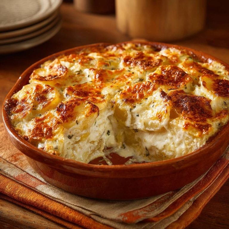 Perfektes Kartoffelgratin mit knuspriger Kruste, die einen cremigen Querschnitt des Auflaufs zeigt, der zum Servieren bereit ist.