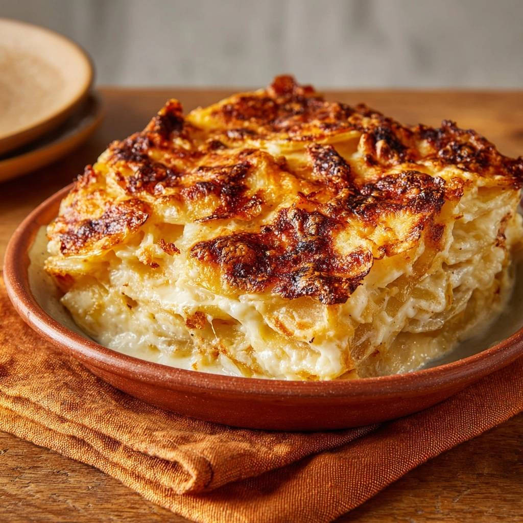Perfektes Kartoffelgratin Querschnitt Nahaufnahme 1 Perfektes Kartoffelgratin in Nahaufnahme: Ein saftiger Querschnitt zeigt die geschichteten Kartoffelscheiben und die knusprige Kruste.