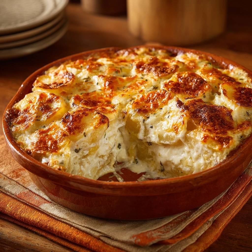 Perfektes Kartoffelgratin mit knuspriger Kruste, die einen cremigen Querschnitt des Auflaufs zeigt, der zum Servieren bereit ist.