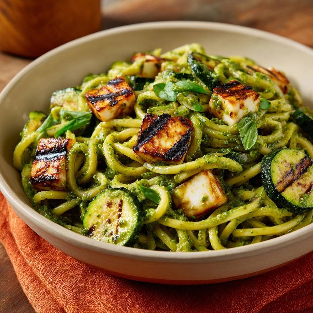 Pesto Spaghetti Mit Gegrilltem Zucchini Und Feta Draufsicht 1 Pesto-Spaghetti mit gegrilltem Zucchini und Feta in einer Schüssel aus der Vogelperspektive, serviert mit frischem Basilikum.