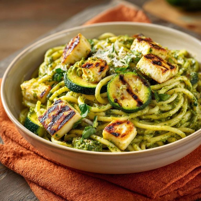 Pesto-Spaghetti mit gegrilltem Zucchini und Feta in einer Schüssel aus der Vogelperspektive, mit gegrilltem Zucchini und Feta.