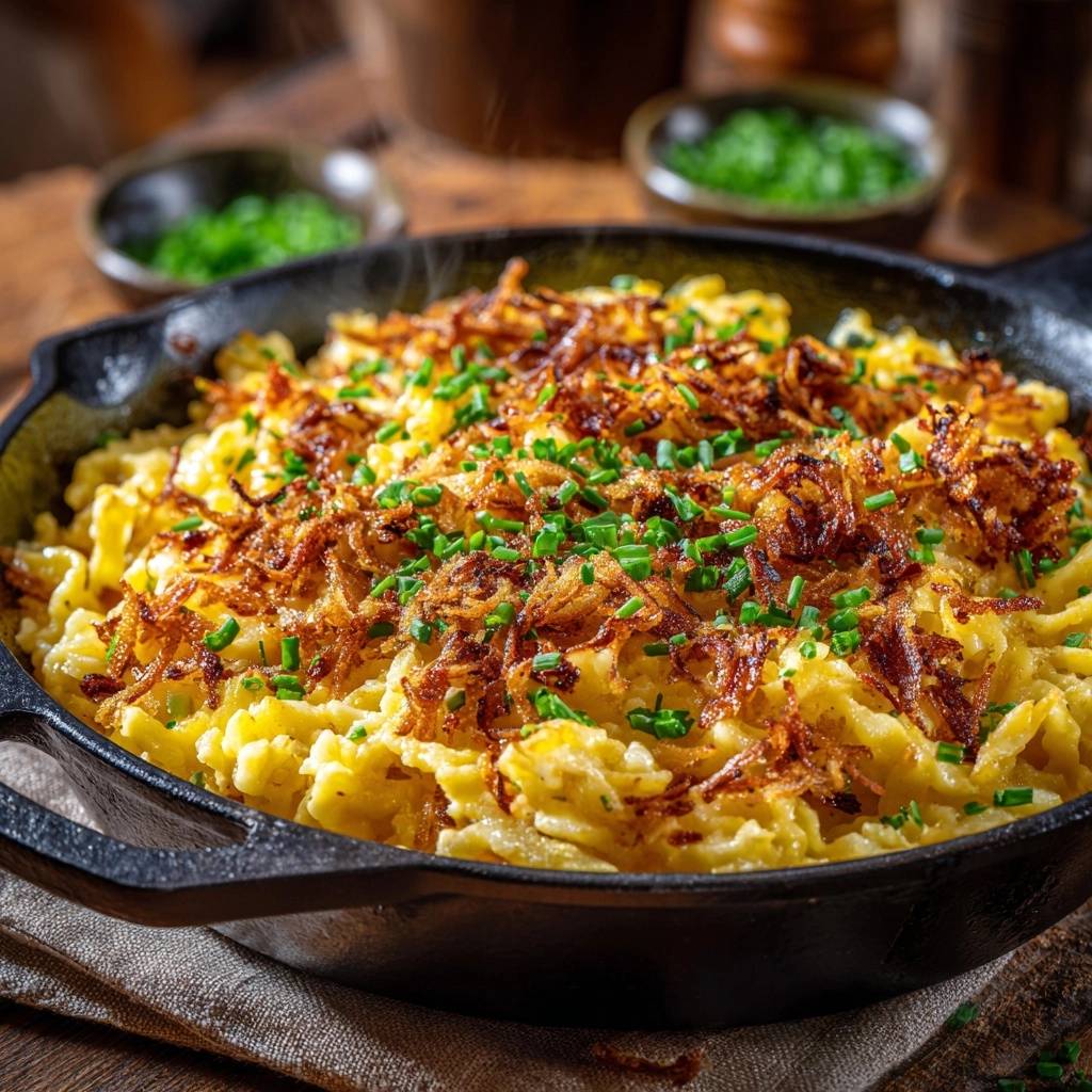 Pfannige Kaesespaetzle Mit Knusprigen Zwiebeln Draufsicht 1 Pfannige Käsespätzle mit knusprigen Zwiebeln, serviert in einer gusseisernen Pfanne, garniert mit frischen Kräutern, aus der Vogelperspektive.