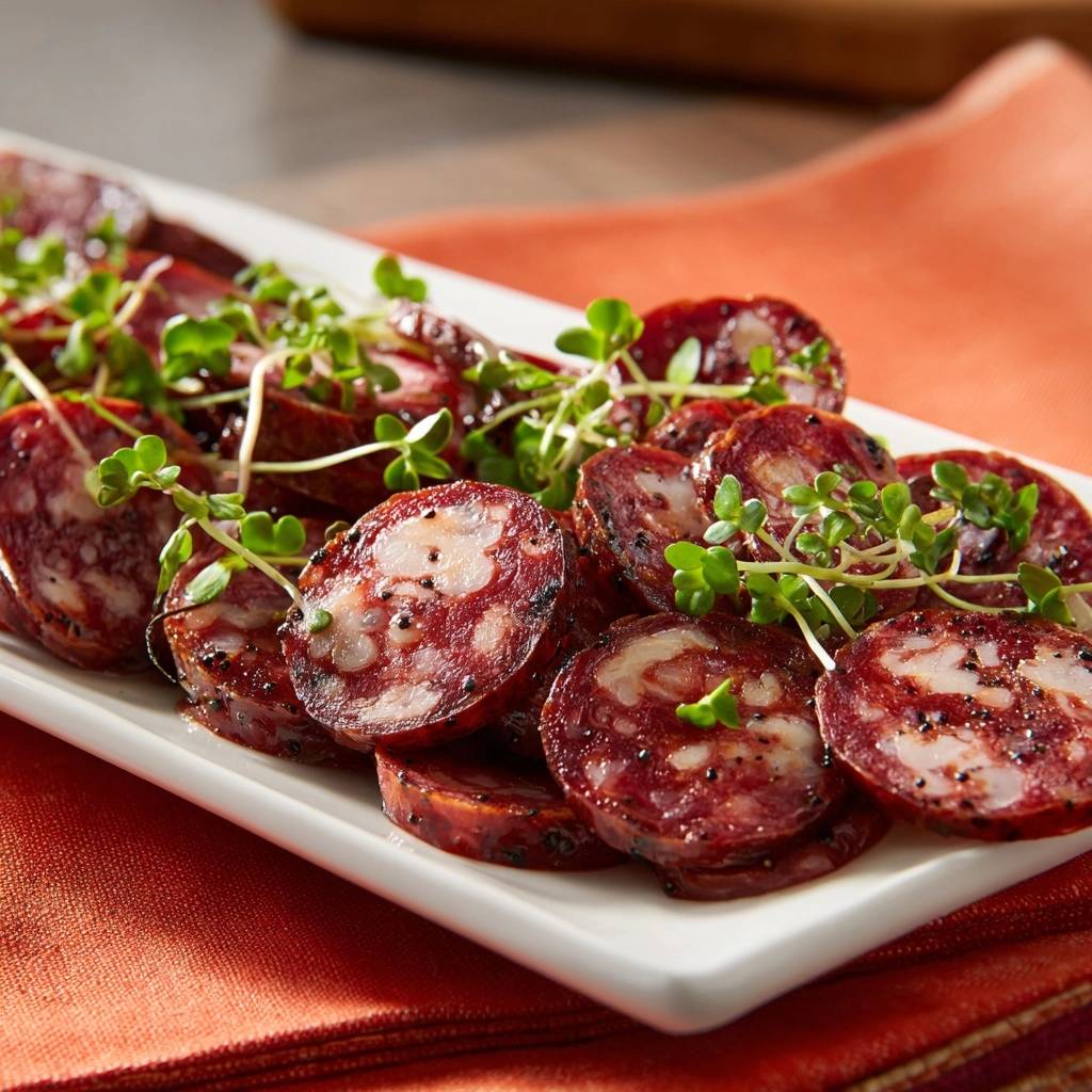 Pfeffrige Salami Platte Mit Radieschenkeimlingen Querschnitt 1 Pfeffrige Salami-Platte mit Radieschenkeimlingen zeigt einen Nahaufnahme-Querschnitt, garniert mit frischen Radieschenkeimlingen und Pfefferkörnern.