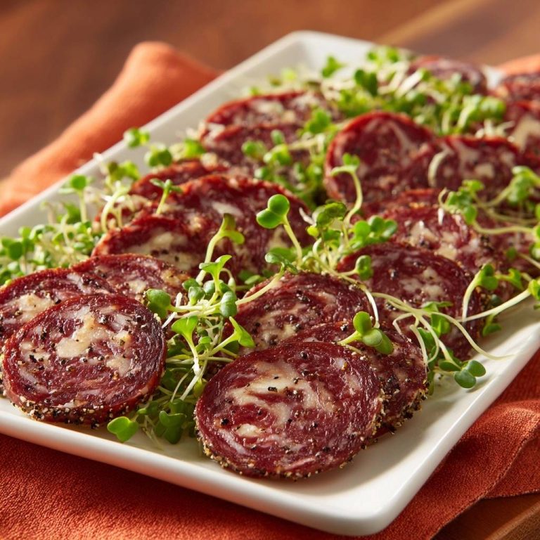 Pfeffrige Salami-Platte mit Radieschenkeimlingen, serviert auf einem weißen Teller, zeigt einen Nahaufnahme-Querschnitt der Wurstscheiben.