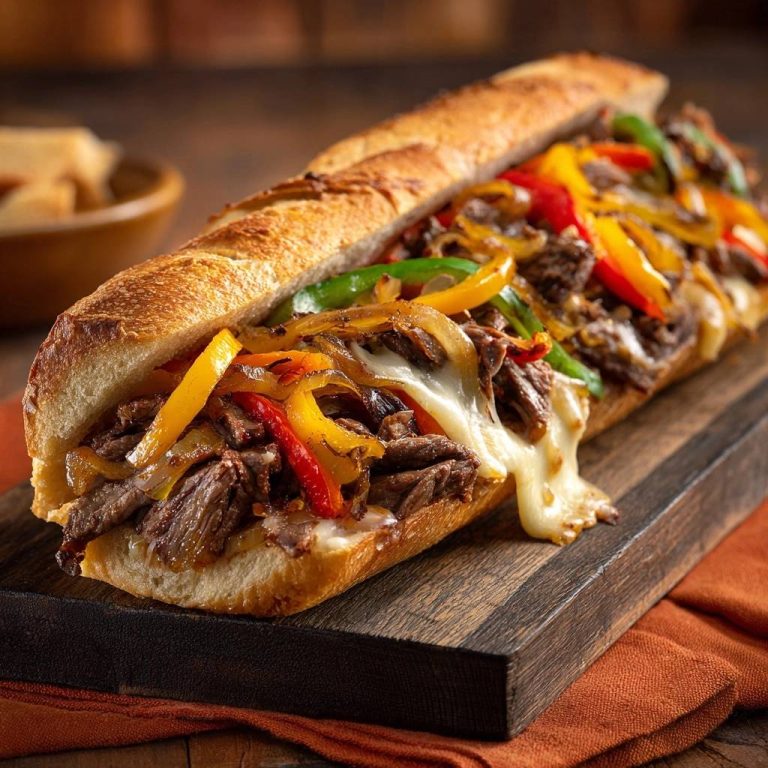 Philly Cheesesteak Baguette in Nahaufnahme, gefüllt mit geschmolzenem Käse, saftigem Fleisch und buntem Paprika, serviert auf einem Holzbrett.