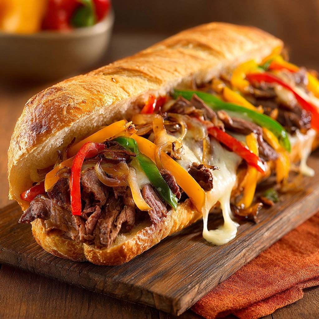 Philly Cheesesteak Baguette Nahaufnahme Mit Kaese 1 Philly Cheesesteak Baguette in Nahaufnahme, mit geschmolzenem Käse, Paprika und Zwiebeln, serviert auf einem rustikalen Holzbrett.