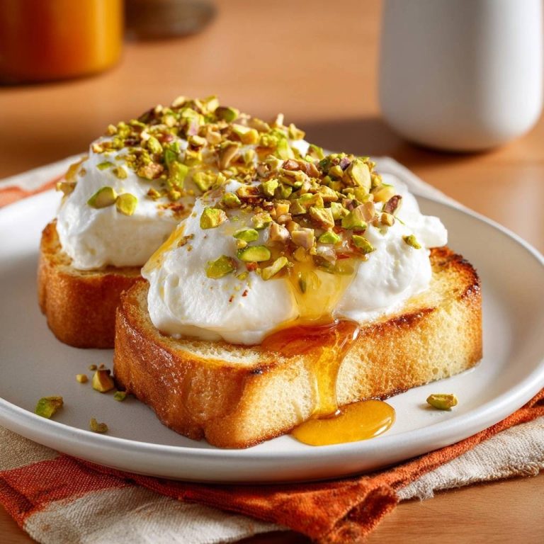 Pistazien-Honig-Quark-Toast, serviert auf einem weißen Teller, mit geschmolzenem Honig, der verführerisch herunterläuft und mit gehackten Pistazien garniert ist.