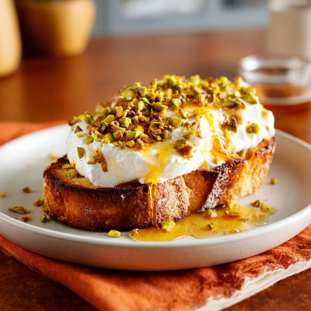 Pistazien Honig Quark Toast Serviert 1 Pistazien-Honig-Quark-Toast, serviert auf einem weißen Teller. Der geröstete Toast ist mit cremigen Quark, Pistazien und Honig bedeckt.