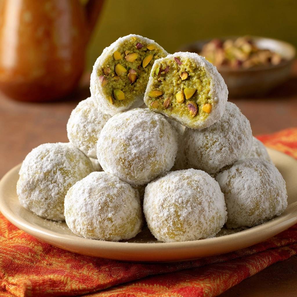Pistazien Schneeballchen Querschnitt Nahaufnahme 1 Pistazien-Schneebällchen zeigen hier einen Nahaufnahme-Querschnitt, der das pistachio-grüne Innere und die knackigen Pistazienstückchen enthüllt.