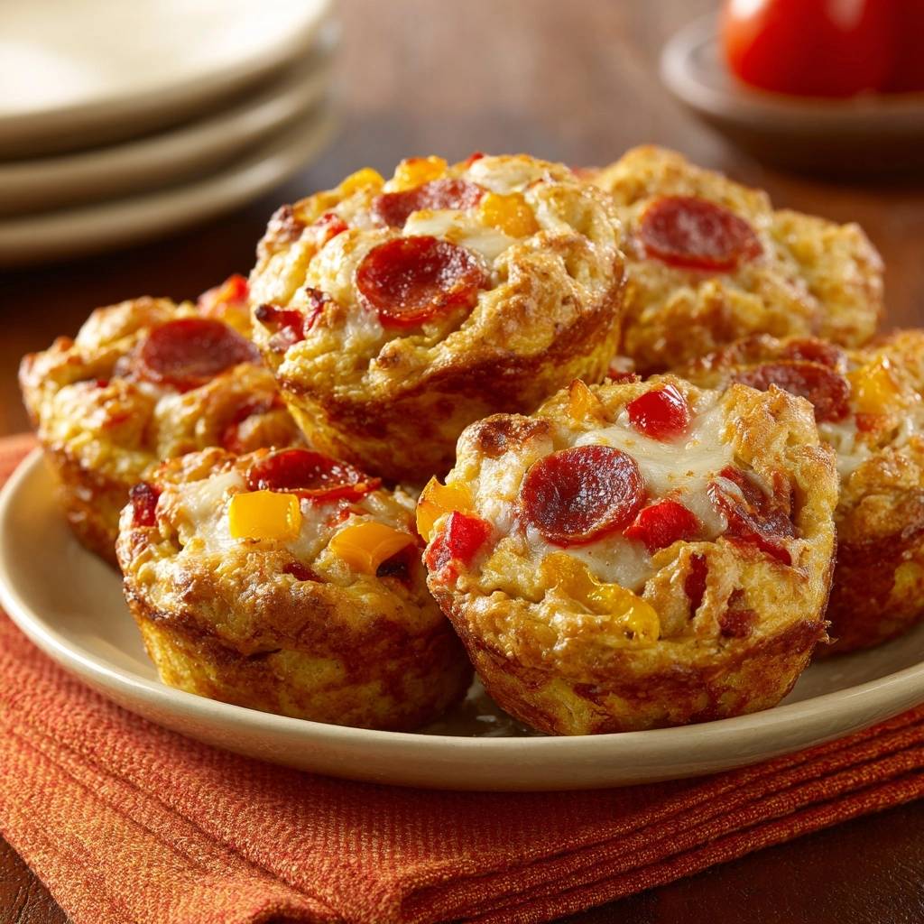 Pizza Pepperoni Muffins Serviert 1 Pizza-Pepperoni-Muffins serviert auf einem hellen Teller, garniert mit Pepperoni, Käse und Paprika. Diese herzhaften Muffins sind ein perfektes Mittag- oder Abendessen.
