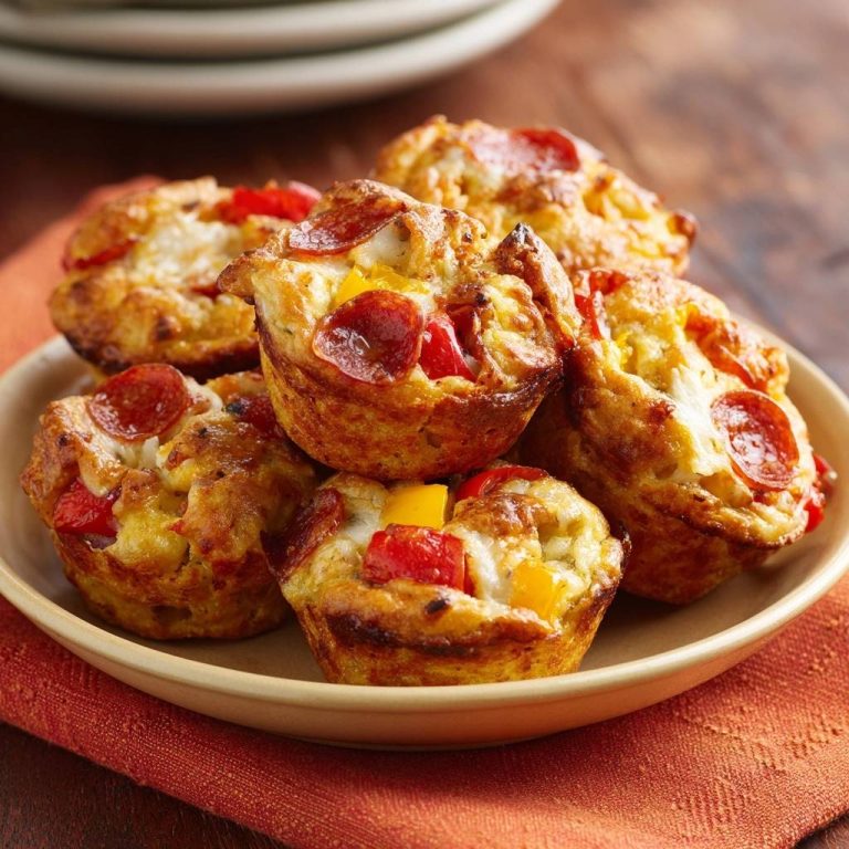 Pizza-Pepperoni-Muffins serviert auf einem hellen Teller, garniert mit Peperoni und Paprika, frisch aus dem Ofen.