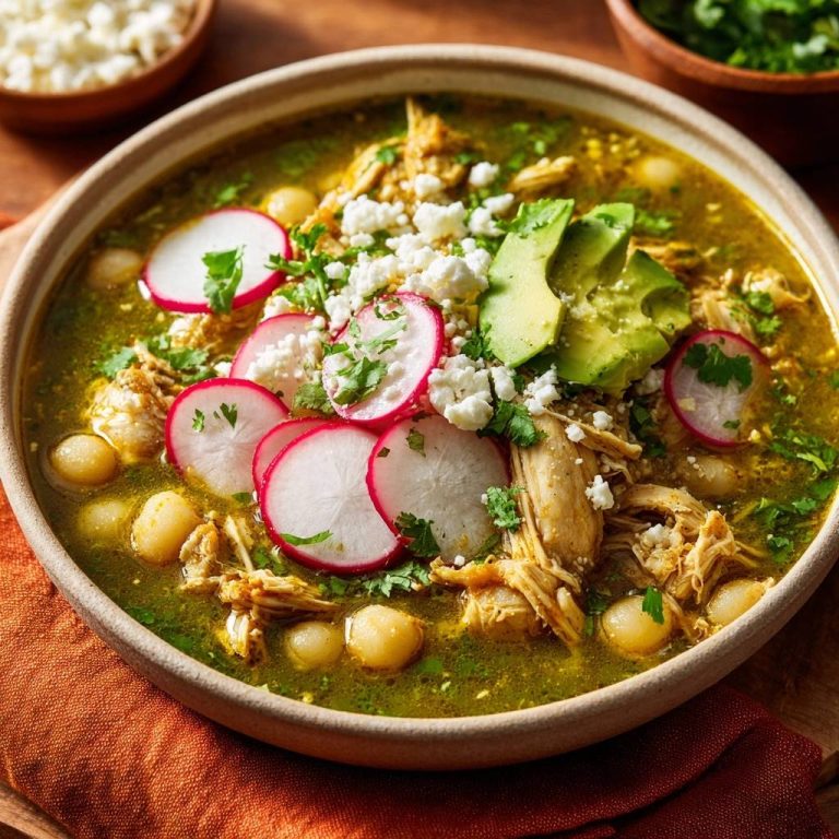 Pozole Verde mit Hähnchen, serviert in einer rustikalen Schüssel, garniert mit Radieschen, Avocado und cremigem Käse, von oben fotografiert.