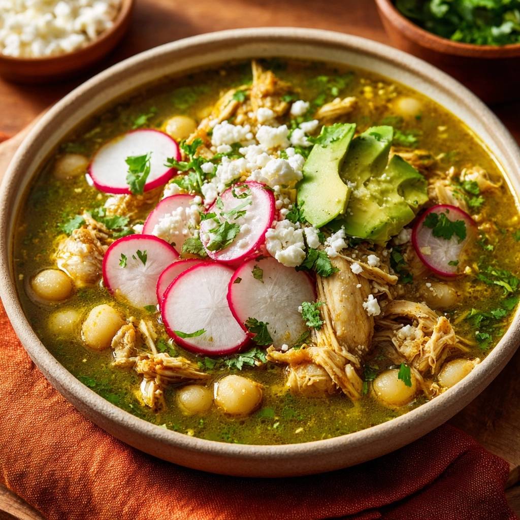 Pozole Verde mit Hähnchen, serviert in einer rustikalen Schüssel, garniert mit Radieschen, Avocado und cremigem Käse, von oben fotografiert.