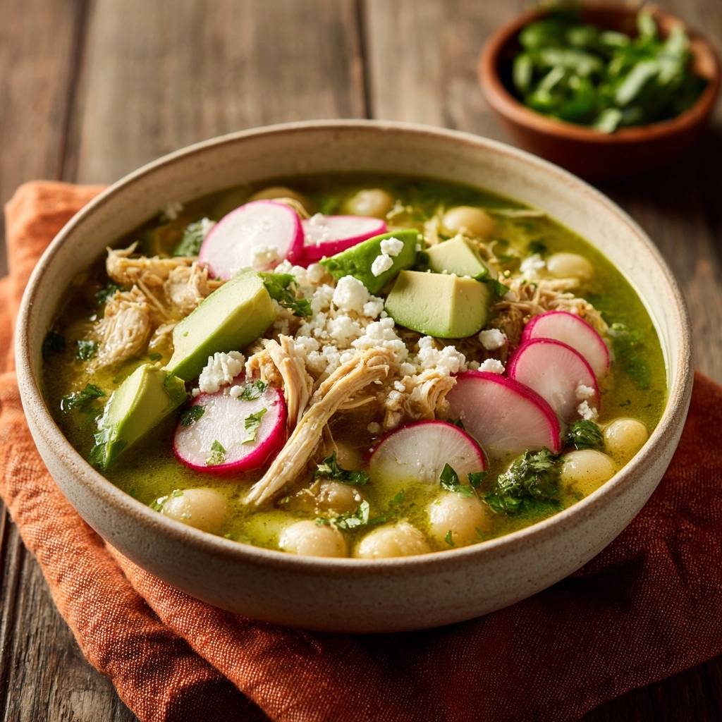 Pozole Verde Mit Huhn Serviert 1 Pozole Verde mit Hähnchen, serviert in einer rustikalen Schüssel, garniert mit Radieschen, Avocado und Käse, bereit zum Genießen.