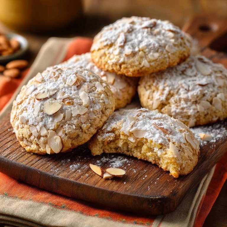 Puderzuckrige Mandelkekse, die mit Mandelblättchen belegt und mit Puderzucker bestäubt sind, zeigen eine appetitliche Innenansicht.