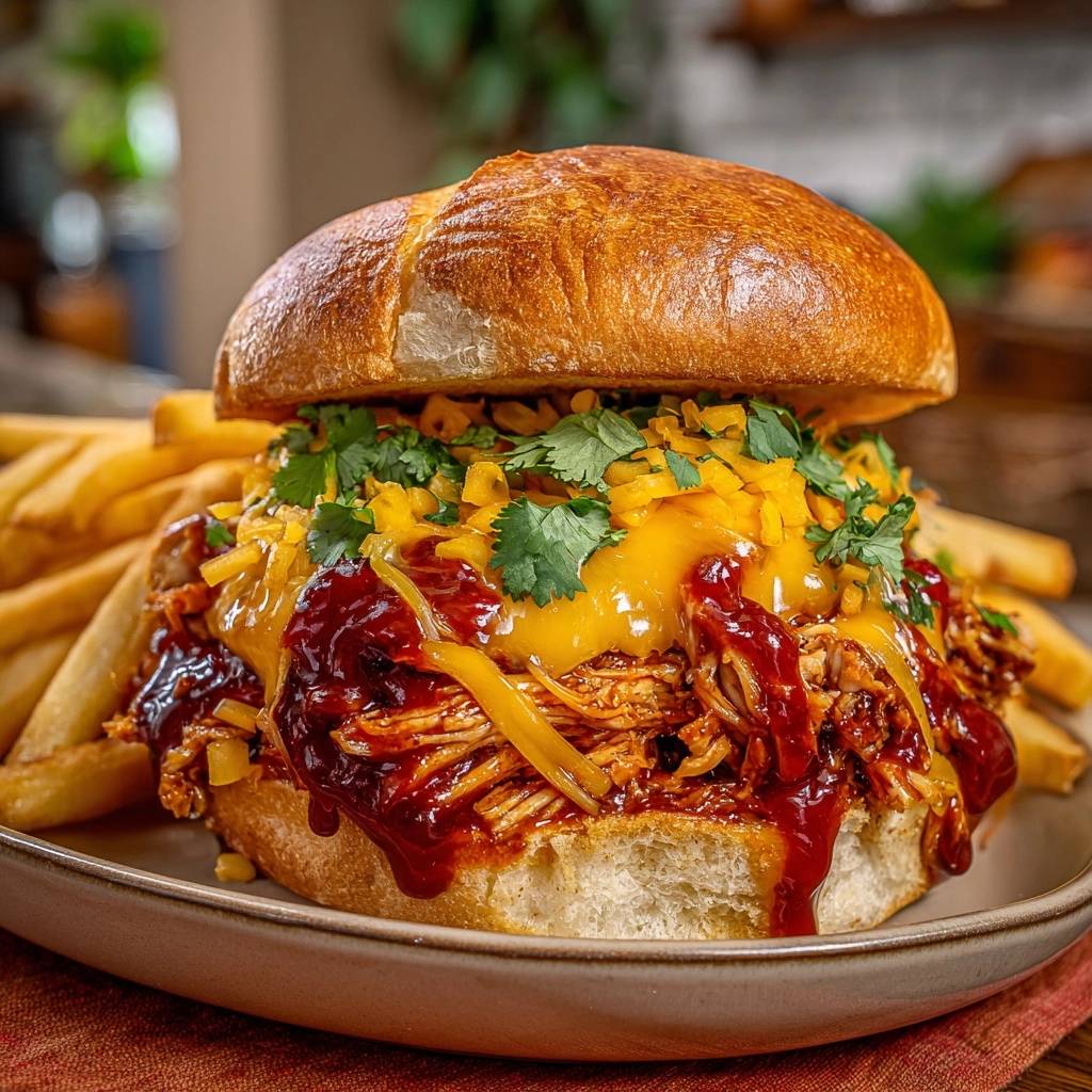 Pulled Chicken Bbq Burger Serviert 1 Pulled Chicken BBQ Burger, serviert auf einem Teller, mit geschmolzenem Käse und frischem Koriander garniert. Dazu knusprige Pommes.