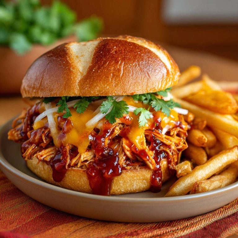 Pulled Chicken BBQ Burger serviert auf einem Teller mit knusprigen Pommes Frites, garniert mit frischem Koriander und geschmolzenem Käse.