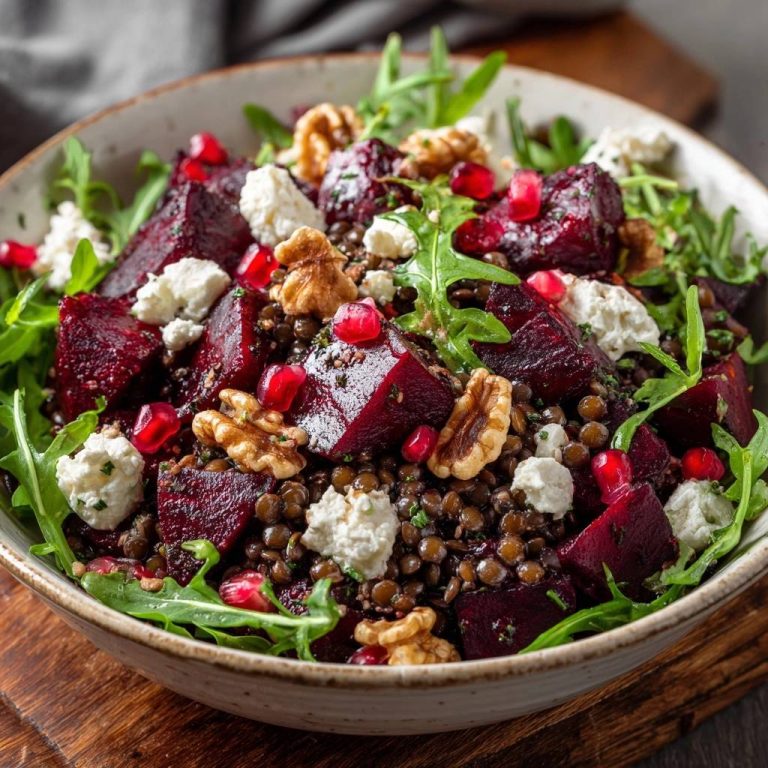 Knackiger Rote-Bete-Linsen-Salat mit Feta, Walnüssen & Granatapfel in einer Nahaufnahme, serviert in einer rustikalen Schüssel.