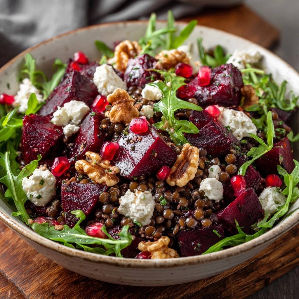 Knackiger Rote-Bete-Linsen-Salat mit Feta, Walnüssen & Granatapfel in einer Nahaufnahme, serviert in einer rustikalen Schüssel.