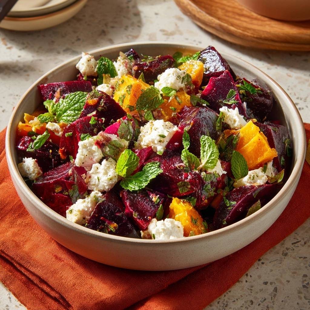 Ruben Orangen Feta Salat Draufsicht Mit Minze 1 Rüben-Orangen-Feta-Salat in einer Schüssel, garniert mit frischer Minze, präsentiert in einer appetitlichen Draufsicht.