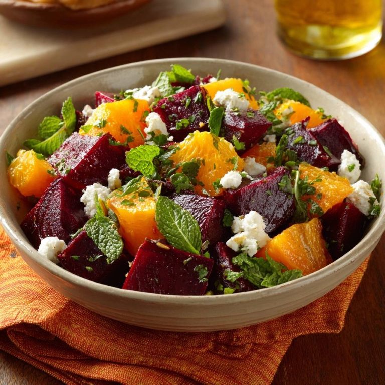 Rüben-Orangen-Feta-Salat in einer Schüssel serviert, mit frischer Minze und cremigem Feta-Käse garniert. Ein farbenfrohes und gesundes Gericht.