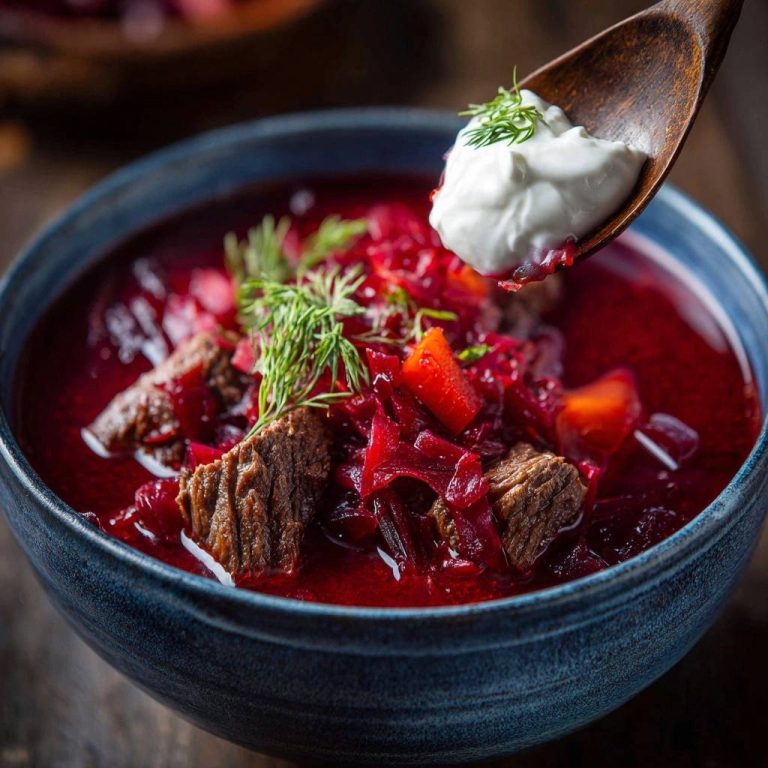 Russischer Rindfleisch-Borschtsch, serviert in einer blauen Schüssel, wird mit einem Löffel Sahne garniert und mit Dill dekoriert.