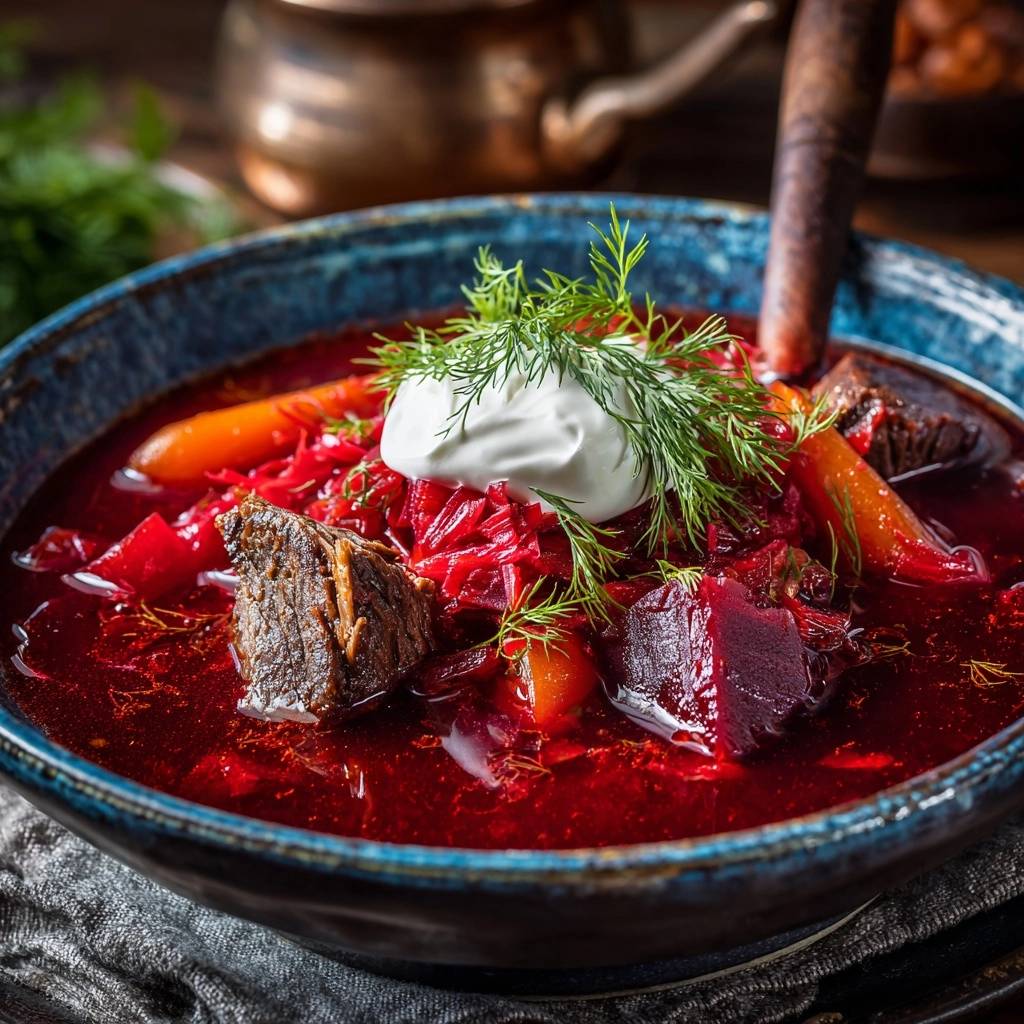 Russischer Rindfleisch Borschtsch Nahaufnahme Serviert 1 Russischer Rindfleisch-Borschtsch, serviert in einer blauen Schüssel, mit saurer Sahne, frischem Dill und zartem Rindfleisch aus nächster Nähe.