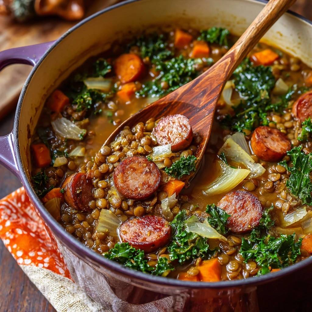 Rustikaler Linseneintopf Mit Grunkohl Nahaufnahme 1 Rustikaler Linseneintopf mit Grünkohl, Karotten & Würstchen in Nahaufnahme, serviert in einem Topf mit einem Holzlöffel. Die rustikale Suppe ist dampfend heiß.