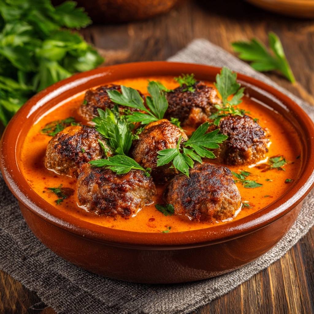 Saftige Fleischbaellchen Cremiger Tomatenso Serviert 1 Saftige Fleischbällchen in cremiger Tomatensauce, serviert in einer rustikalen Schüssel, garniert mit frischer Petersilie.