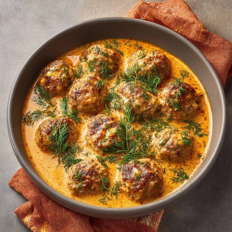 Saftige Fleischbällchen in cremiger Dillsauce, serviert in einer Schüssel, draufsicht von oben mit frischem Dill garniert.