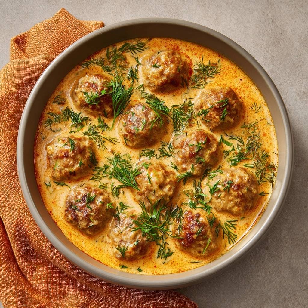 Saftige Fleischbaellchen In Cremiger Dillsauce Draufsicht 1 Saftige Fleischbällchen in cremiger Dillsauce, serviert in einer Schüssel, mit frischem Dill garniert, der die cremige Sauce ergänzt.