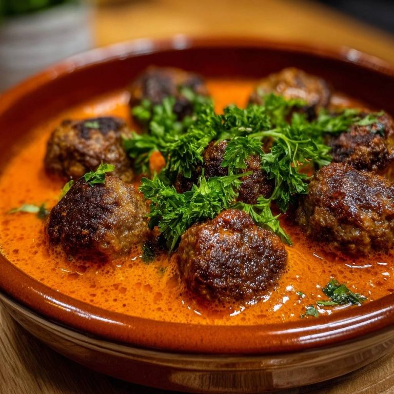 Saftige Fleischbällchen in cremiger Tomatensauce in Nahaufnahme, garniert mit frischer Petersilie, serviert in einer rustikalen Schüssel.