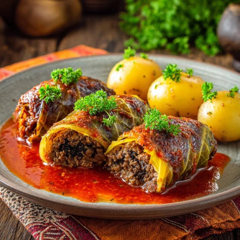 Saftige Kohlrouladen in Tomatensoße, serviert auf einem Teller, zeigen einen köstlichen Querschnitt mit Fleischfüllung und Tomatensoße.