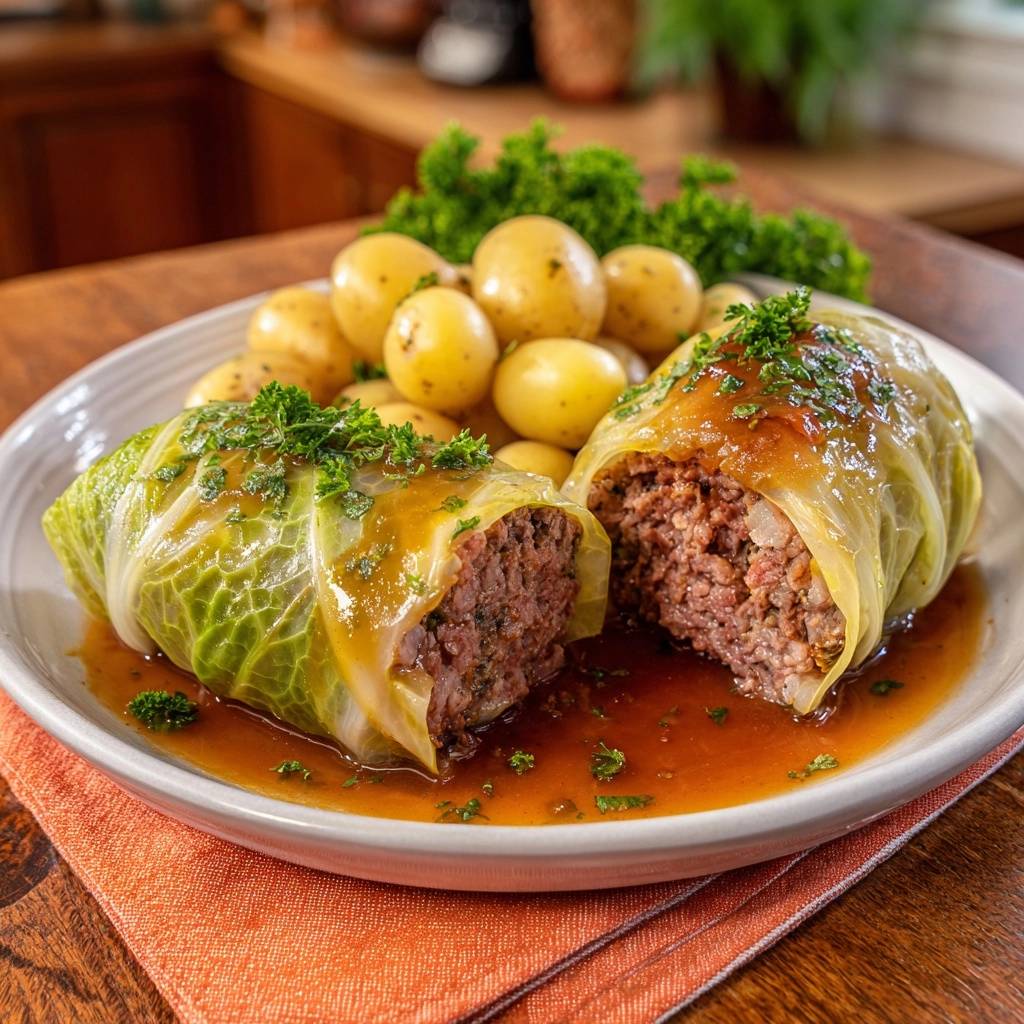 Saftige Kohlrouladen Mit Salzkartoffeln Querschnitt 1 Saftige Kohlrouladen mit Salzkartoffeln, serviert mit einer köstlichen Brühe, zeigen einen appetitlichen Querschnitt der gefüllten Kohlroulade.