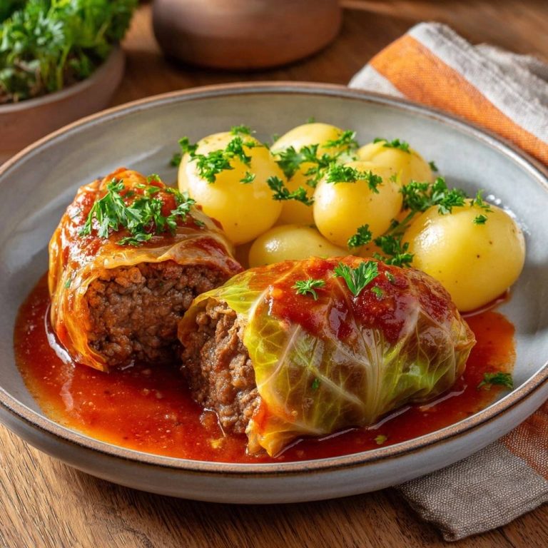 Saftige Kohlrouladen mit Tomatensoße im Querschnitt, serviert mit Kartoffeln und frischer Petersilie auf einem Teller. Die herzhafte Füllung ist deutlich sichtbar.