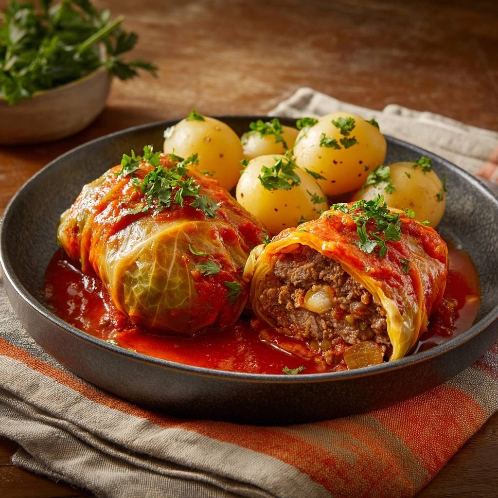 Saftige Kohlrouladen Mit Tomatensoe Querschnitt 1 Saftige Kohlrouladen mit Tomatensoße, serviert auf einem Teller, zeigen einen köstlichen Querschnitt mit fleischiger Füllung. Dazu gibt es Kartoffeln.