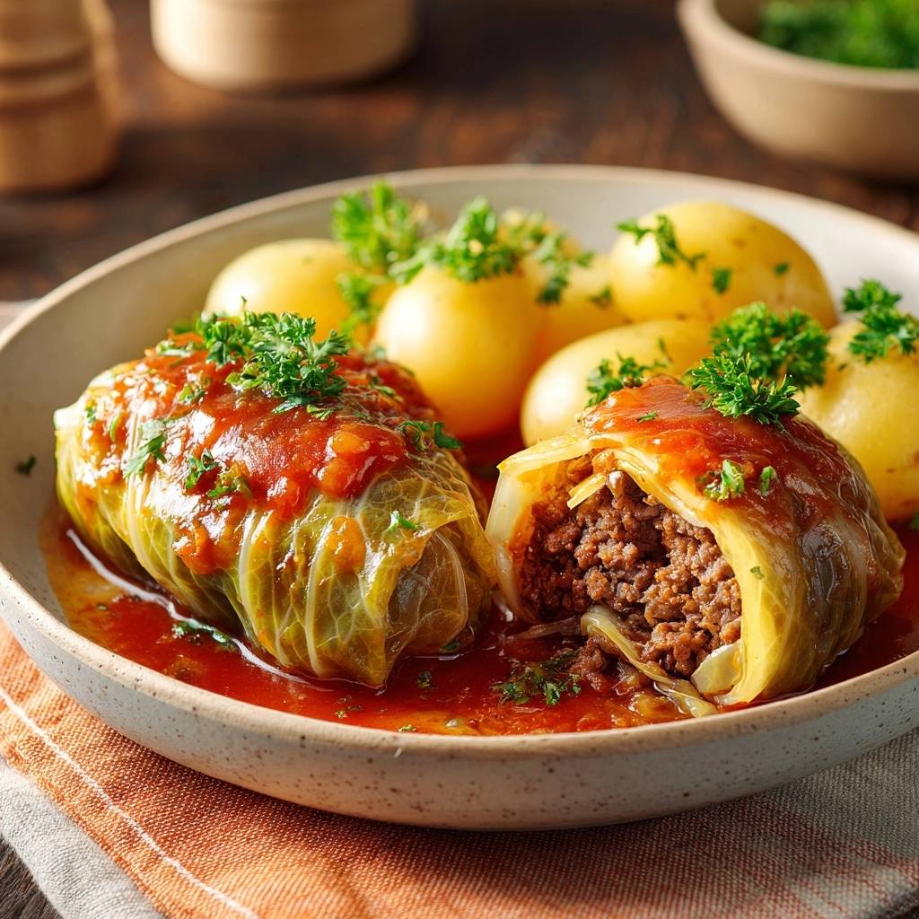 Saftige Kohlrouladen Queransicht Mit Kartoffeln 1 Saftige Kohlrouladen in Tomatensoße, serviert mit Kartoffeln, zeigen eine Nahaufnahme des herzhaften Fleischfüllungs-Querschnitts.