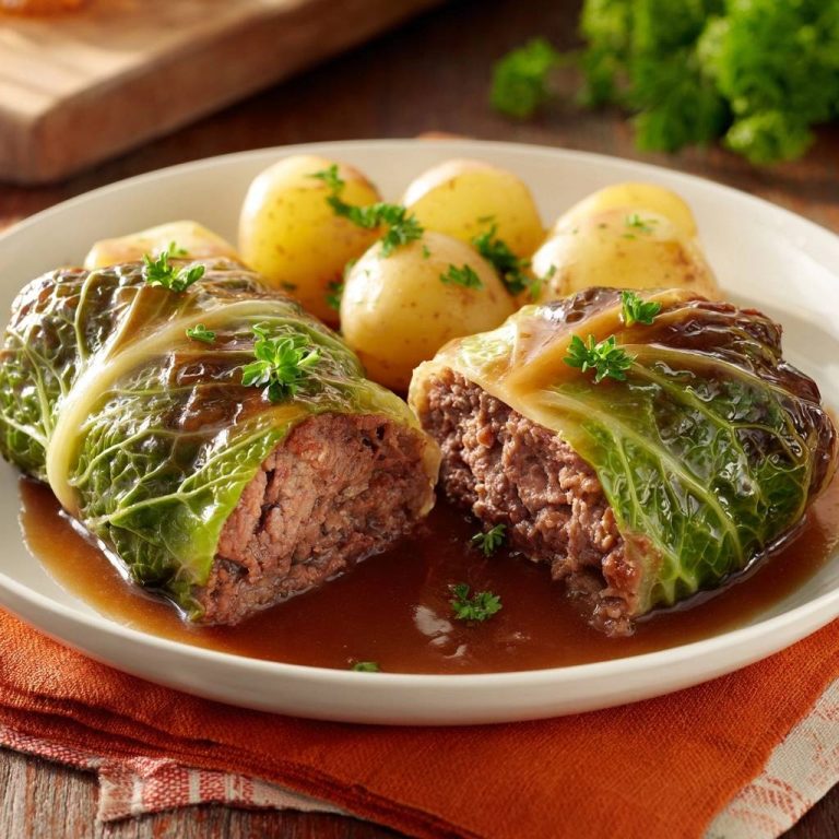 Saftige Kohlrouladen mit Salzkartoffeln, serviert in einer köstlichen Brühe. Diese Nahaufnahme zeigt den saftigen Querschnitt der gefüllten Kohlroulade.