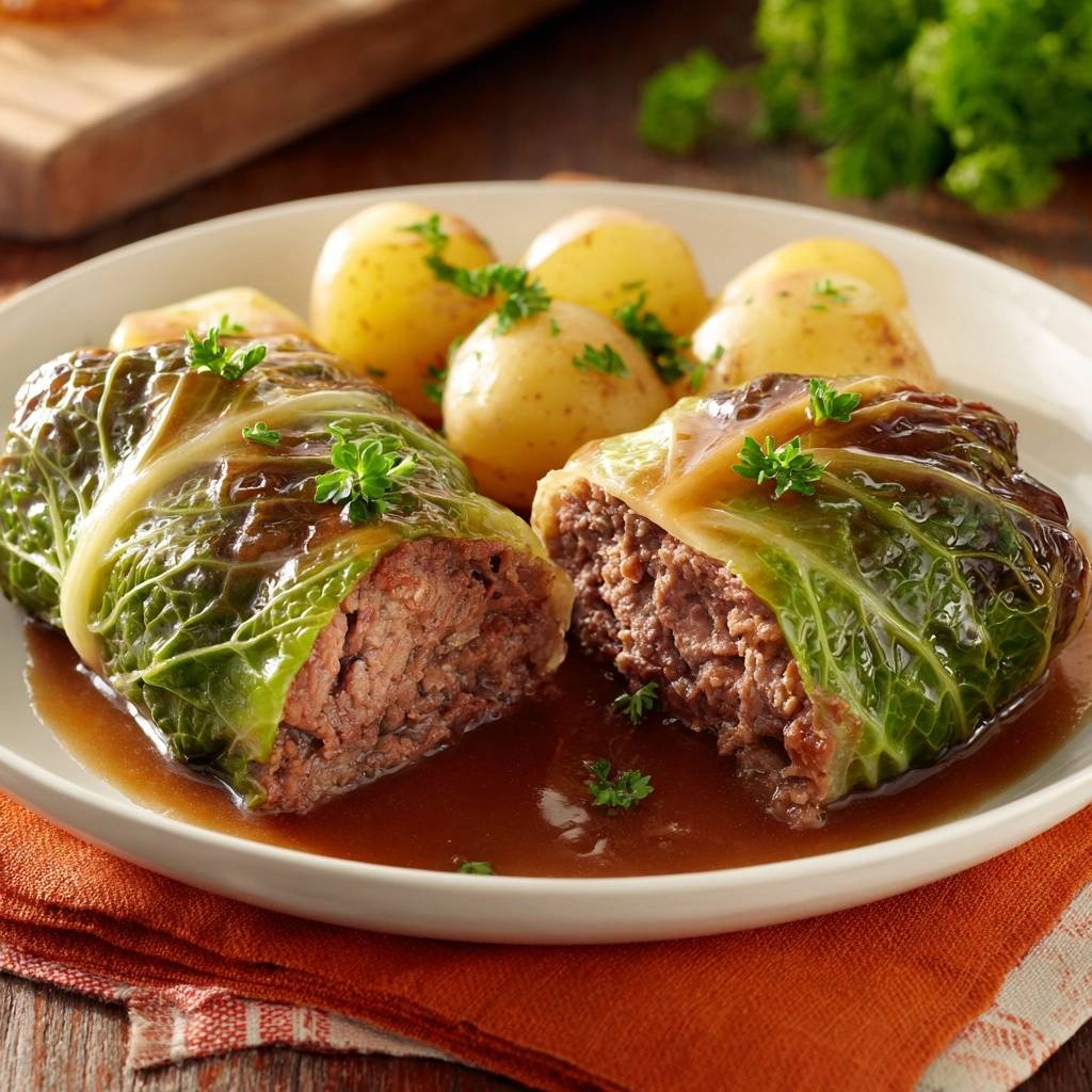 Saftige Kohlrouladen mit Salzkartoffeln, serviert in einer köstlichen Brühe. Diese Nahaufnahme zeigt den saftigen Querschnitt der gefüllten Kohlroulade.