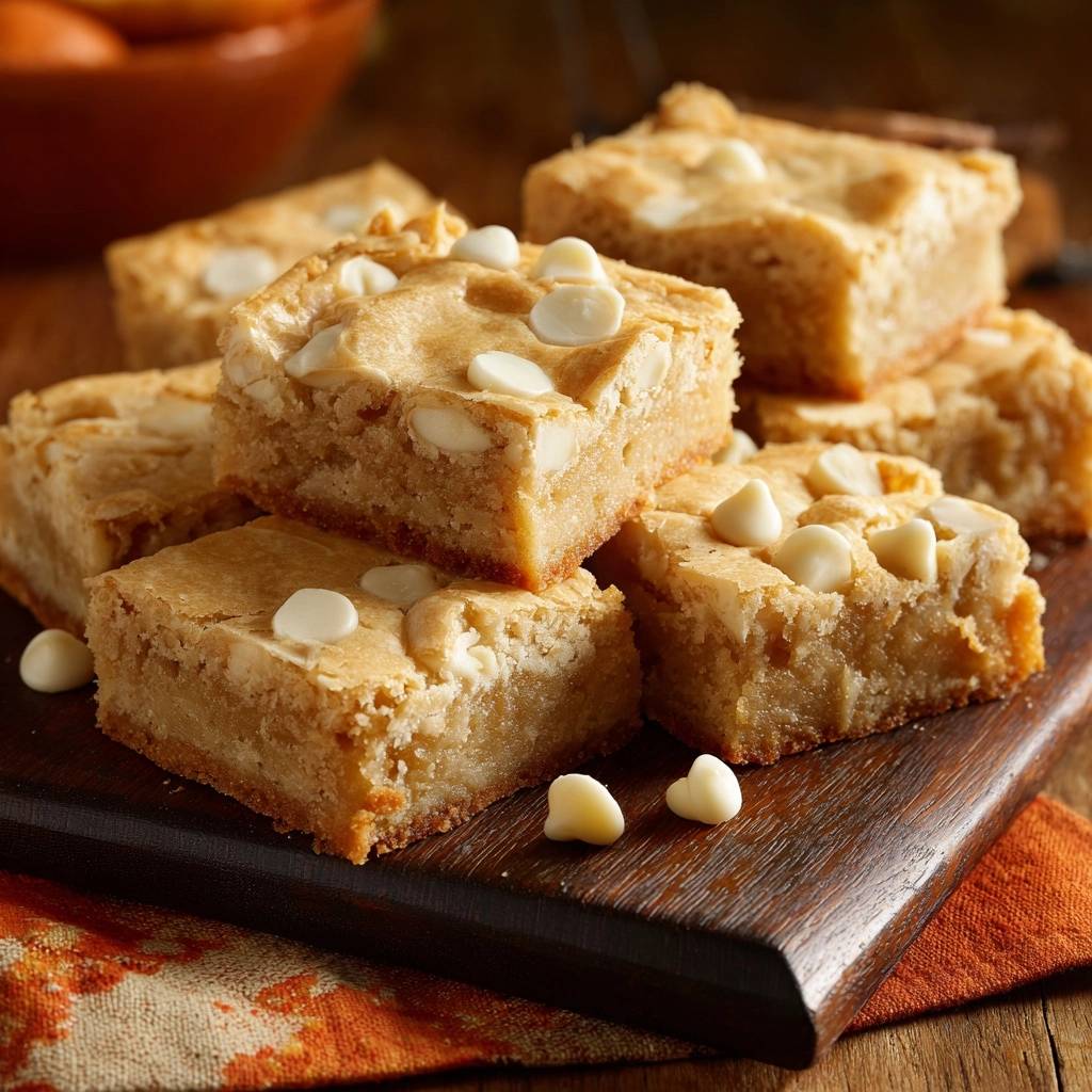 Saftige White Chocolate Blondies Gestapelt 1 Saftige White-Chocolate-Blondies sind auf einem Holzbrett gestapelt, mit weissen Schokoladenstückchen verziert. Die Blondies sehen frisch gebacken und unwiderstehlich aus.