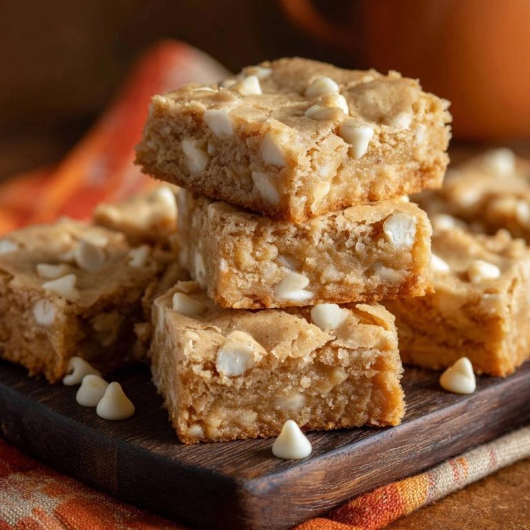 Saftige White-Chocolate-Blondies, gestapelt auf einem rustikalen Holzbrett, präsentieren eine köstliche Nahaufnahme der gebackenen Leckereien.