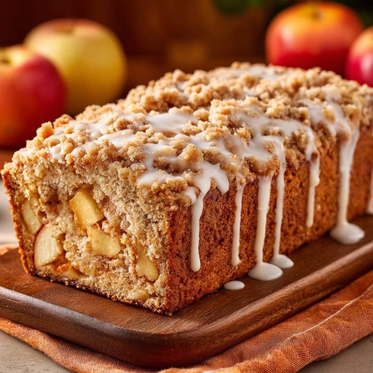 Saftiger Apfel-Streuselkuchen mit knusprigen Streuseln, serviert auf einem Holzbrett, mit glänzendem Zuckerguss und frischen Äpfeln.
