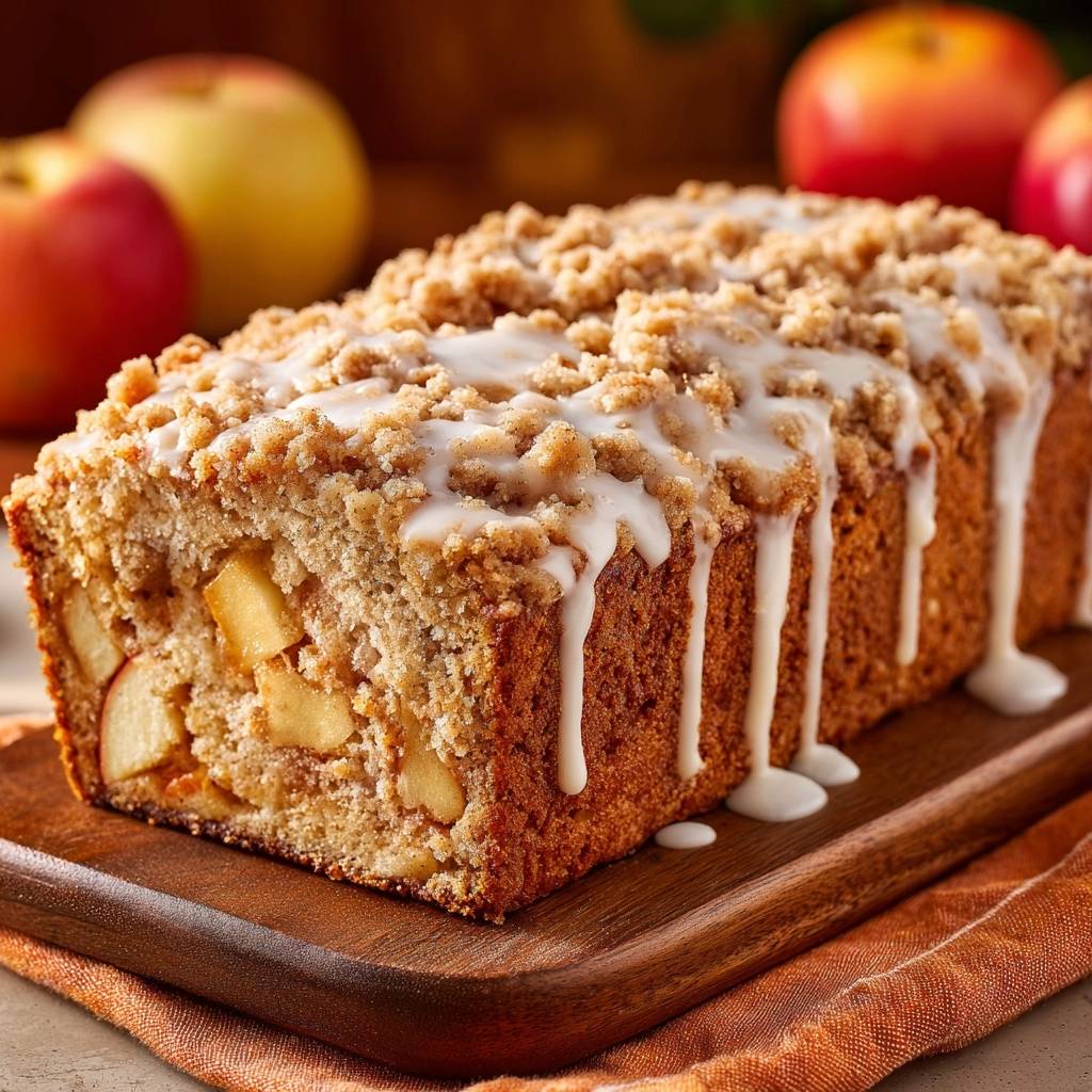 Saftiger Apfel-Streuselkuchen mit knusprigen Streuseln, serviert auf einem Holzbrett, mit glänzendem Zuckerguss und frischen Äpfeln.
