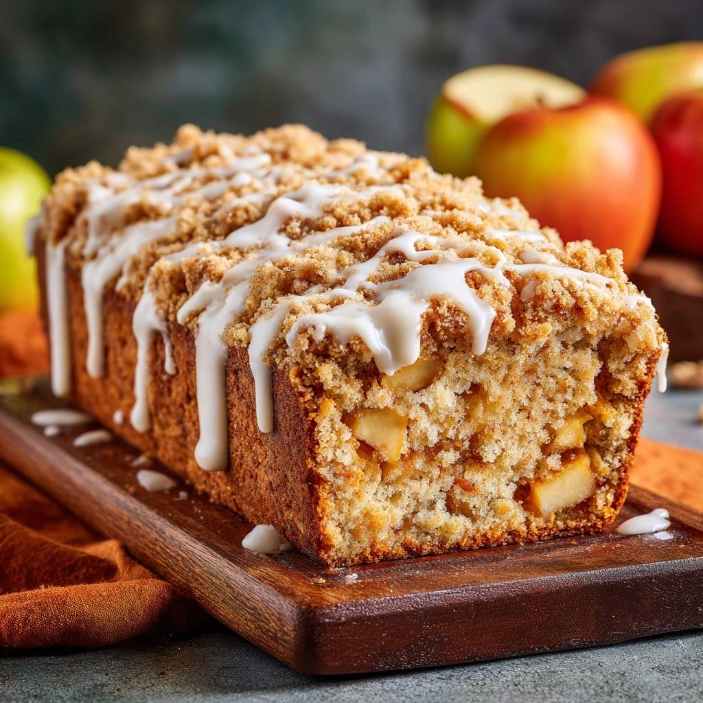 Saftiger Apfel Streuselkuchen Querschnitt 1 Saftiger Apfel-Streuselkuchen mit knusprigen Streuseln, präsentiert in einem Nahaufnahme-Querschnitt, der die saftige Apfelfüllung zeigt.