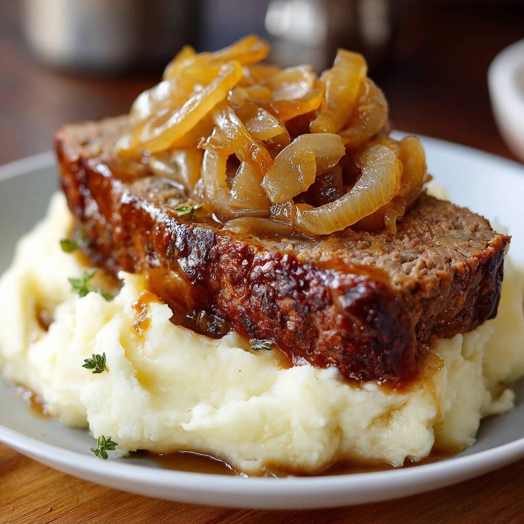 Saftiger Hackbraten Mit Karamellisierten Zwiebeln Serviert 1 Saftiger Hackbraten mit karamellisierten Zwiebeln serviert auf cremigen Kartoffelbrei, garniert mit karamellisierten Zwiebeln und frischen Kräutern.
