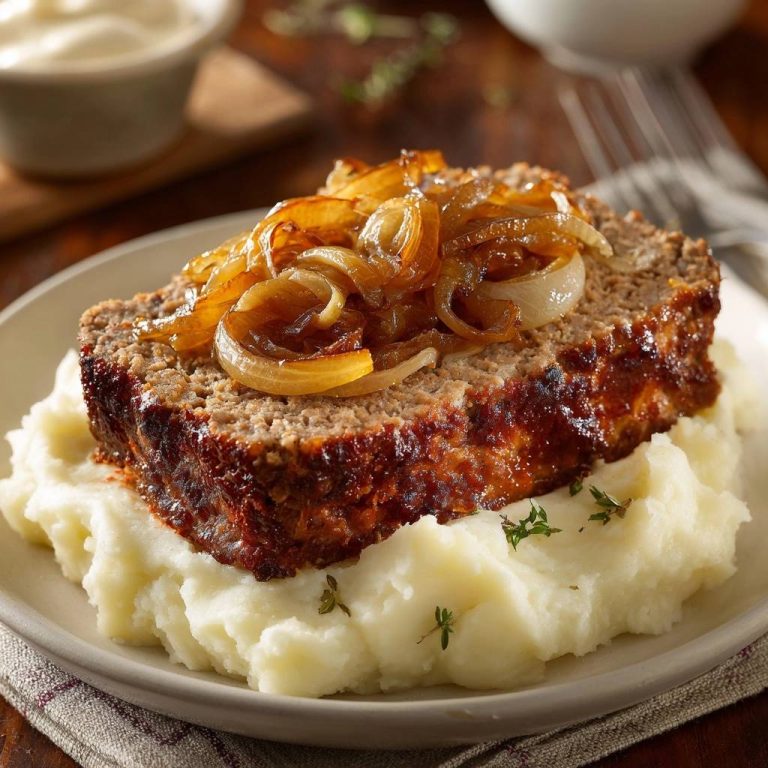 Saftiger Hackbraten mit karamellisierten Zwiebeln serviert auf einem Bett aus cremigem Kartoffelpüree, garniert mit frischem Thymian.