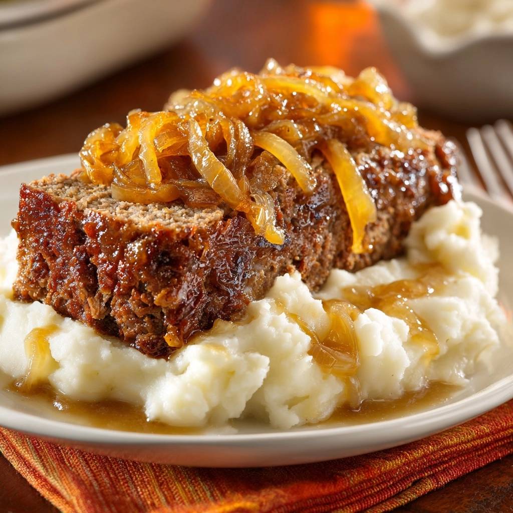 Saftiger Hackbraten Mit Zwiebeln Und Pueree Serviert 1 Saftiger Hackbraten mit Zwiebeln & Püree, serviert auf einem Teller mit cremigen Kartoffelpüree und Zwiebel-Topping, ein herzhaftes Gericht.