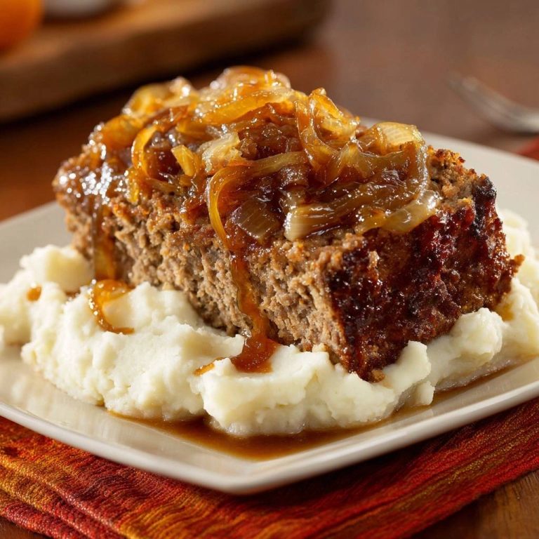 Saftiger Hackbraten mit Zwiebeln & Püree, serviert auf einem hellen Teller mit cremiger Kartoffelbeilage und goldbraunen Zwiebeln.