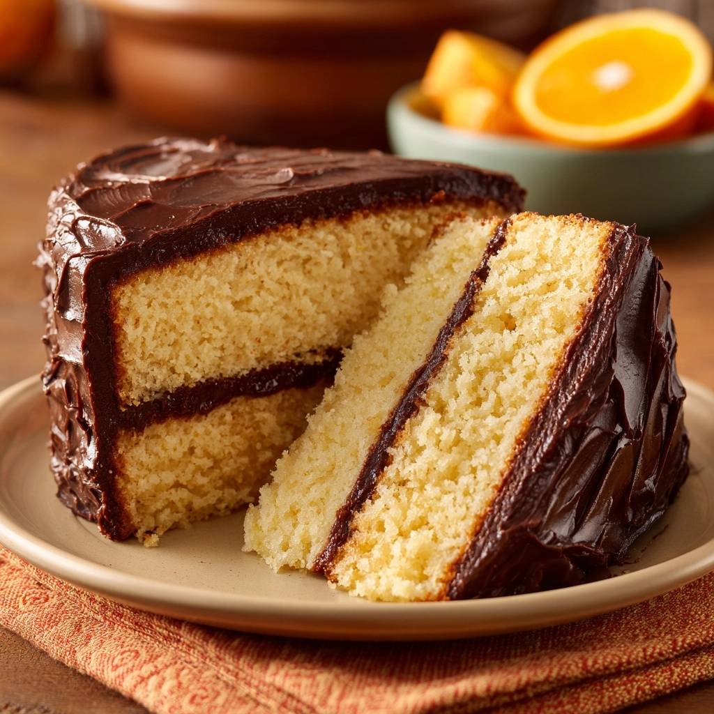 Saftiger Orange Schoko Gugelhupf Querschnitt 1 Saftiger Orange-Schoko-Gugelhupf im Anschnitt, der die lockere Textur des Kuchens und die cremige Schokoladenfüllung zeigt.